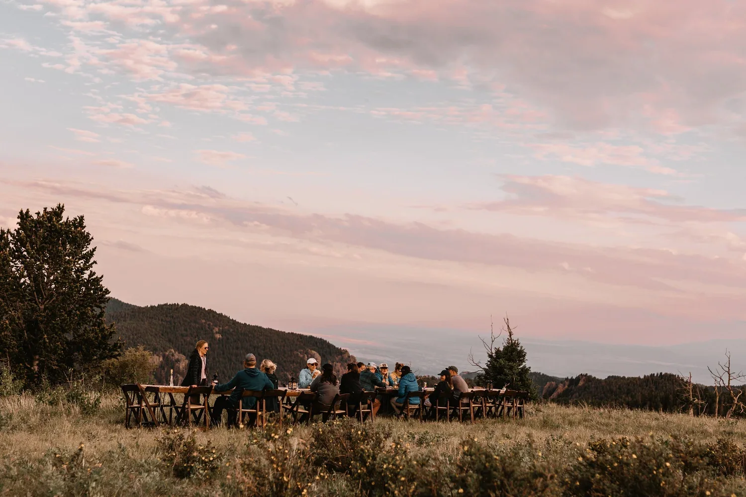 Guests gathering for an outdoor dinner in a meadow at sunset